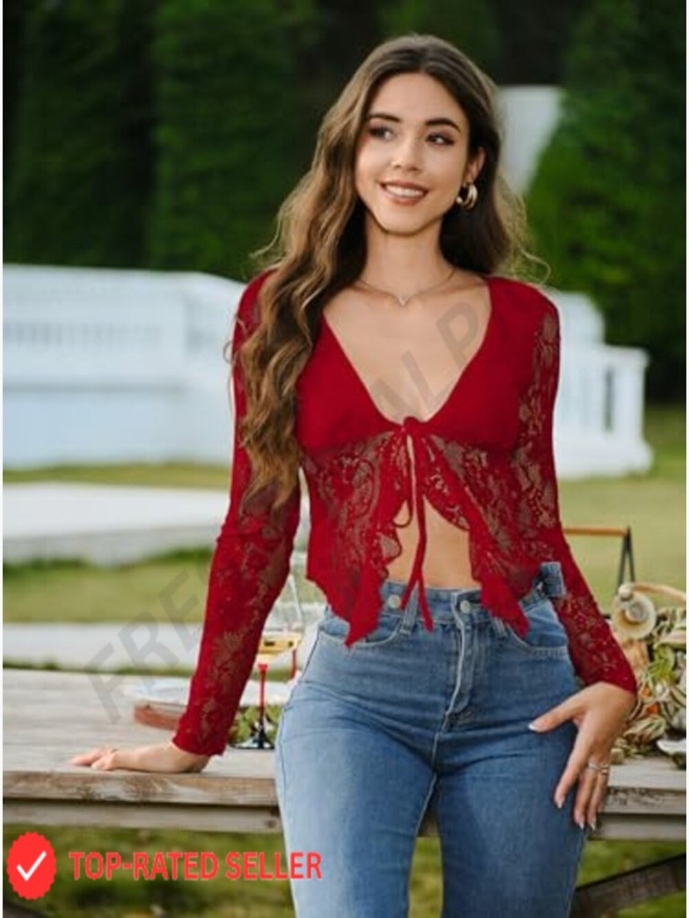 Women's Long Sleeve Sheer Mesh Lace Crop Top Open Front Tie Blouse Ruffle Trim - Picture 5 of 7
